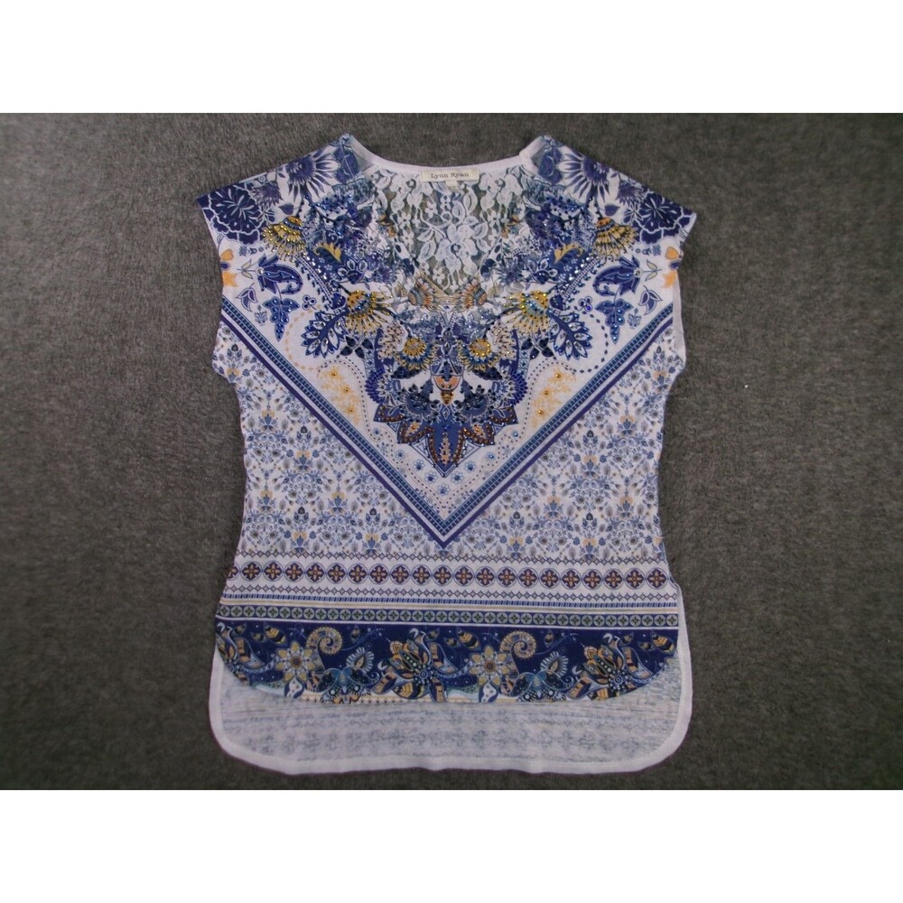Lynn Ryan Top Women L Petite Blue Beachy Causal Summer Resort Boho